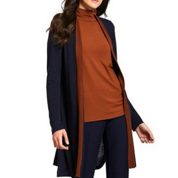 Eileen Fisher Slit Side Tencel/Silk-Blend Long Cardigan - Navy Blue/Brown - Picture 16 of 16